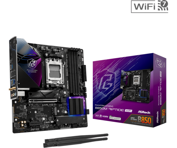 Asrock B850M RIPTIDE WIFI AMD B850 AM5 Micro ATX 4 DDR5 HDMI DP Wi-Fi 7 2.5G LAN RGB 3x M.2