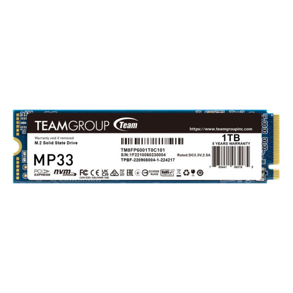 Team 1TB MP33 M.2 NVMe Gen3 SSD M.2 2280 PCIe3 Read Up to 1800 MB/s Write Up to 1500 MB/s 220K/200K IOPS