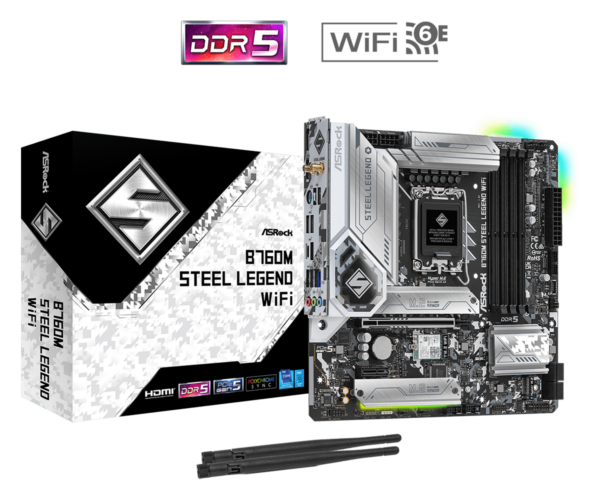 Asrock B760M STEEL LEGEND WIFI Intel B760 1700 Micro ATX 4 DDR5 HDMI DP eDP Wi-Fi 6E 2.5G LAN PCIe5 3x M.2 RGB