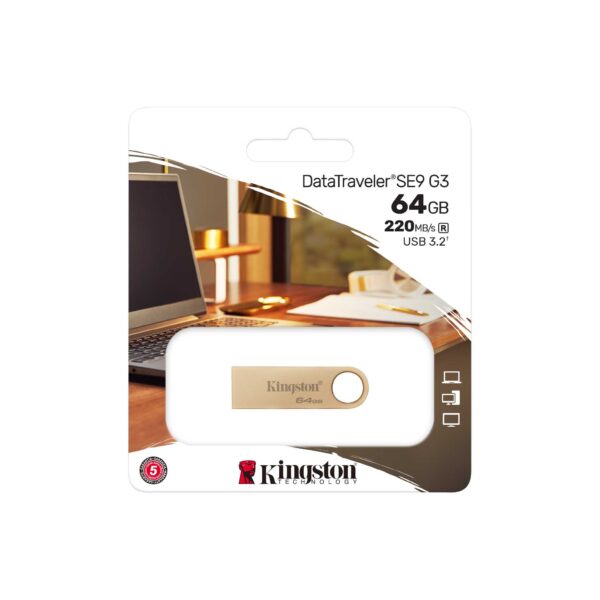 Kingston 64GB DataTraveler SE9 G3 Memory Pen USB 3.2 Gen1 Type-A Metal Gold Casing