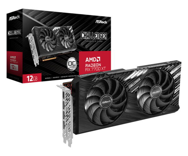 Asrock RX 7700 XT Challenger 12GB OC PCIe4 12GB DDR6 HDMI 3 DP 2854MHz Clock LED Indicators Overclocked