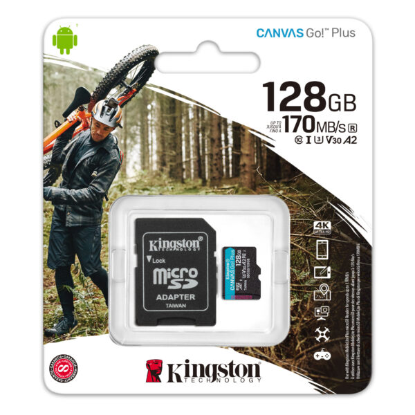 Kingston 128GB Canvas Go! Plus Micro SDXC Card with SD Adapter UHS-I Class 10 U3 A2 App Performance 170MB/s