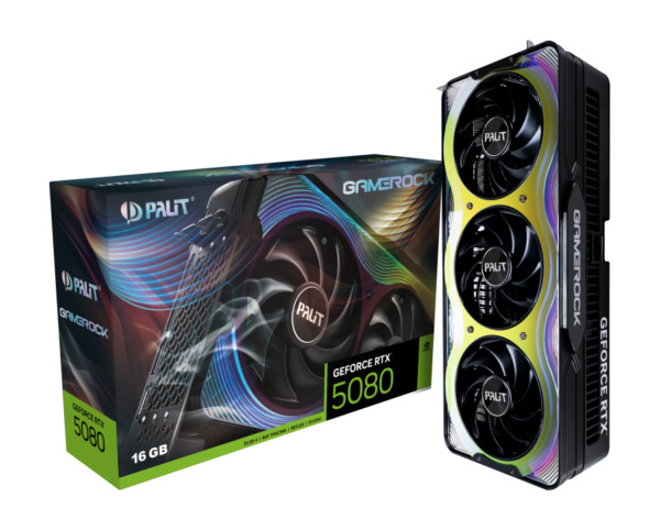 Palit GameRock RTX 5080 PCIe5 16GB DDR7 HDMI 3 DP 2617Mhz Clock RGB Lighting