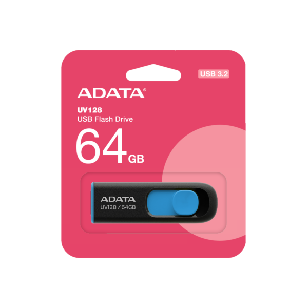 ADATA 64GB UV128 USB 3.0 Memory Pen Retractable Capless Black & Blue