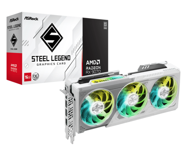 Asrock RX 9070 Steel Legend 16GB OC PCIe5 16GB DDR6 HDMI 3 DP 2700MHz Clock RGB Lighting White Overclocked